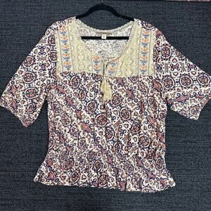 Vintage America Womens Peasant Top Blouse Tasseled Smocked Womens Size XL